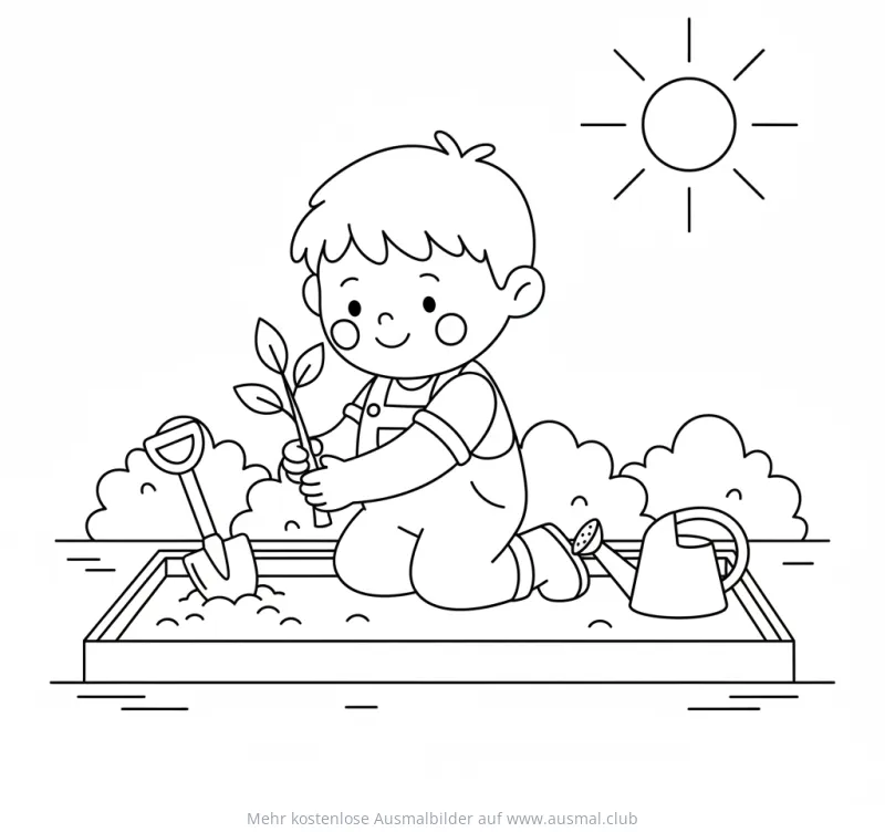 Junge pflanzt Baum in Hochbeet Ausmalbild
