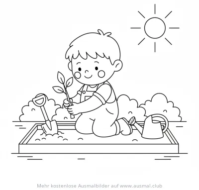 Junge pflanzt Baum in Hochbeet Ausmalbild