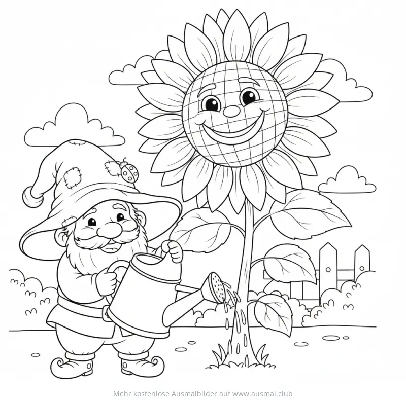 Gartenzwerg gießt Sonnenblume Ausmalbild