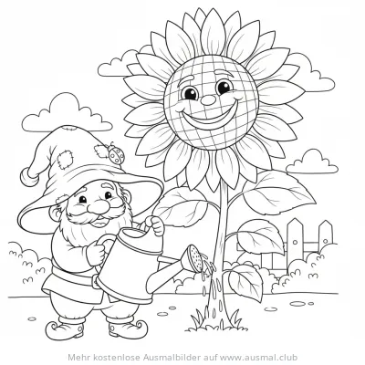 Gartenzwerg gießt Sonnenblume Ausmalbild