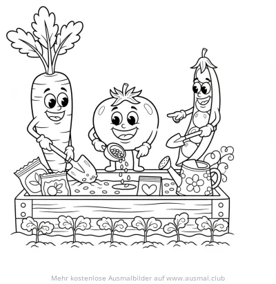 Karotte, Tomate und Erbse beim Gärtnern Ausmalbild