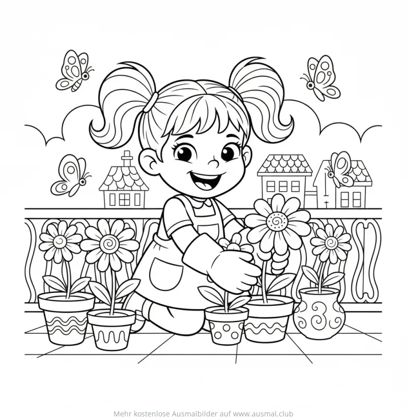 Mädchen pflanzt Blumen im Garten Ausmalbild