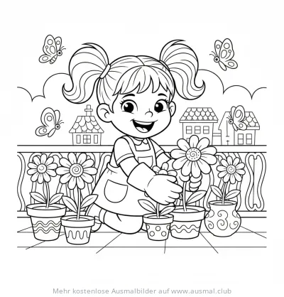 Mädchen pflanzt Blumen im Garten Ausmalbild