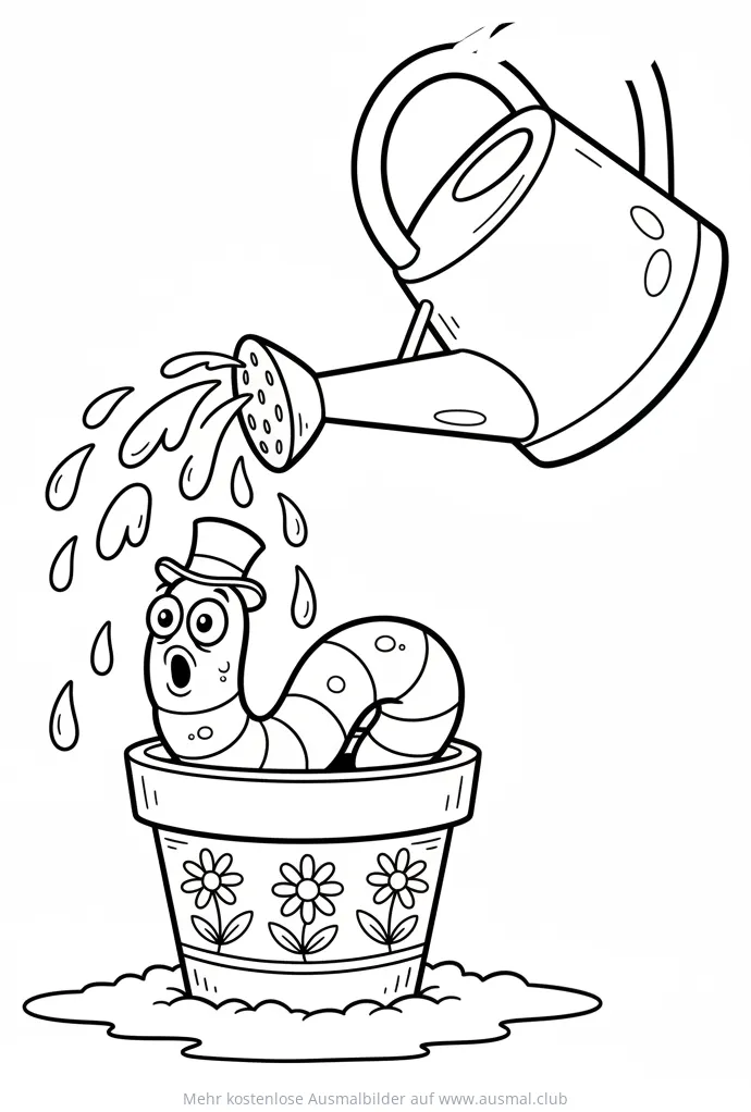 Regenwurm mit Zylinder im Blumentopf wird gegossen Ausmalbild