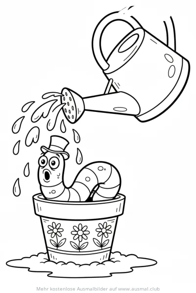 Regenwurm mit Zylinder im Blumentopf wird gegossen Ausmalbild