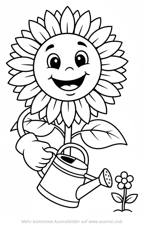 Fröhliche Sonnenblume mit Gießkanne Ausmalbild