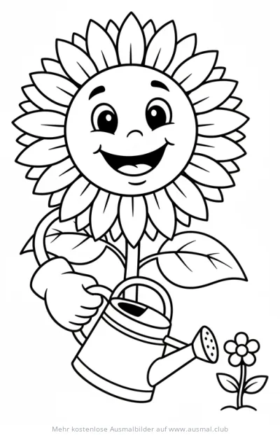 Fröhliche Sonnenblume mit Gießkanne Ausmalbild