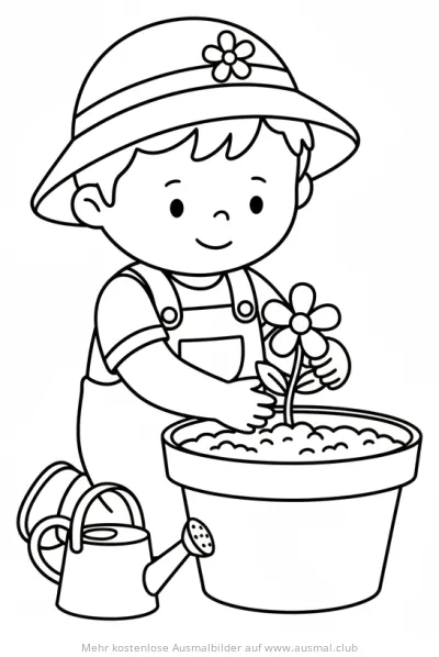 Junge pflanzt Blume im Topf Ausmalbild