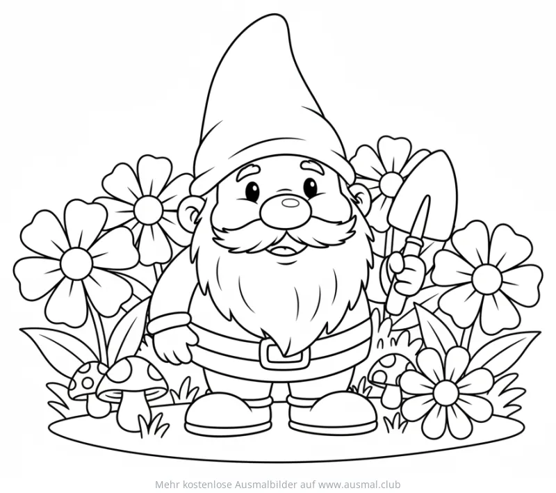 Gartenzwerg mit Schaufel und Blumen Ausmalbild