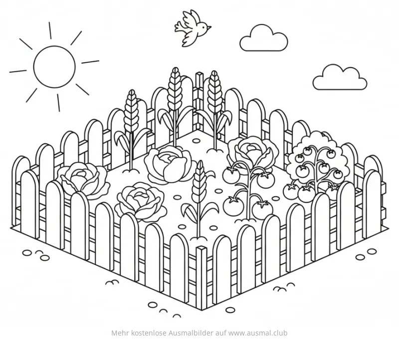 Gartenzaun mit Blumen und Gemüse Ausmalbild
