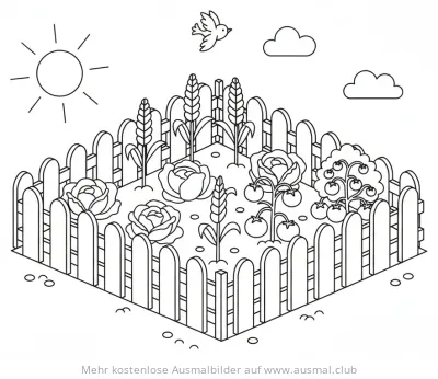 Gartenzaun mit Blumen und Gemüse Ausmalbild