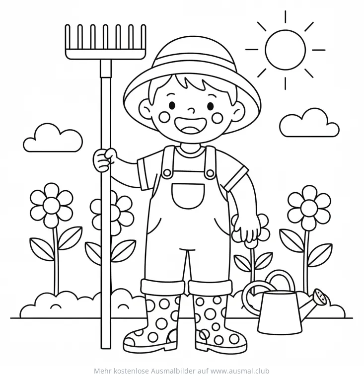 Gärtner Kind mit Rechen Ausmalbild