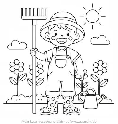 Gärtner Kind mit Rechen Ausmalbild