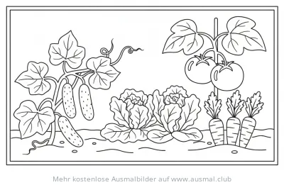 Gemüsebeet mit Gurken, Tomaten, Salat und Karotten Ausmalbild