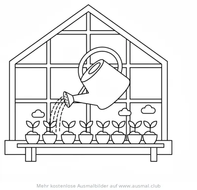 Gewächshaus mit Pflanzen und Gießkanne Ausmalbild
