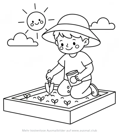 Junge pflanzt Samen im Hochbeet Ausmalbild