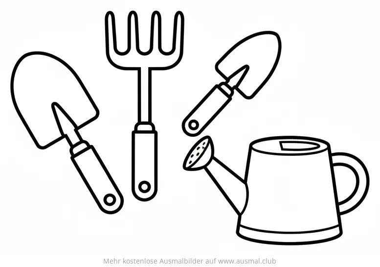 Gartenwerkzeug Ausmalbild: Schaufeln, Harke, Gießkanne