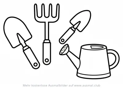 Gartenwerkzeug Ausmalbild: Schaufeln, Harke, Gießkanne