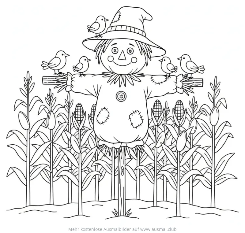Vogelscheuche mit Vögeln im Maisfeld Ausmalbild