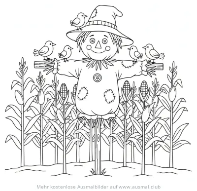 Vogelscheuche mit Vögeln im Maisfeld Ausmalbild