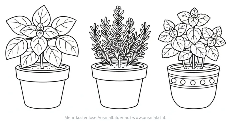 Drei Kräutertöpfe (Basilikum, Rosmarin, Minze) Ausmalbild