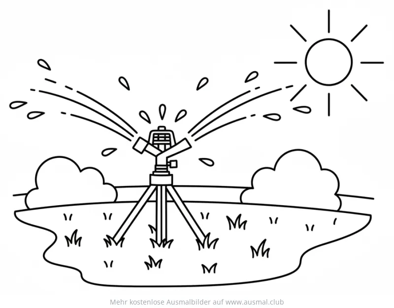Rasensprenger Ausmalbild im Garten mit Sonne