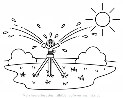 Rasensprenger Ausmalbild im Garten mit Sonne