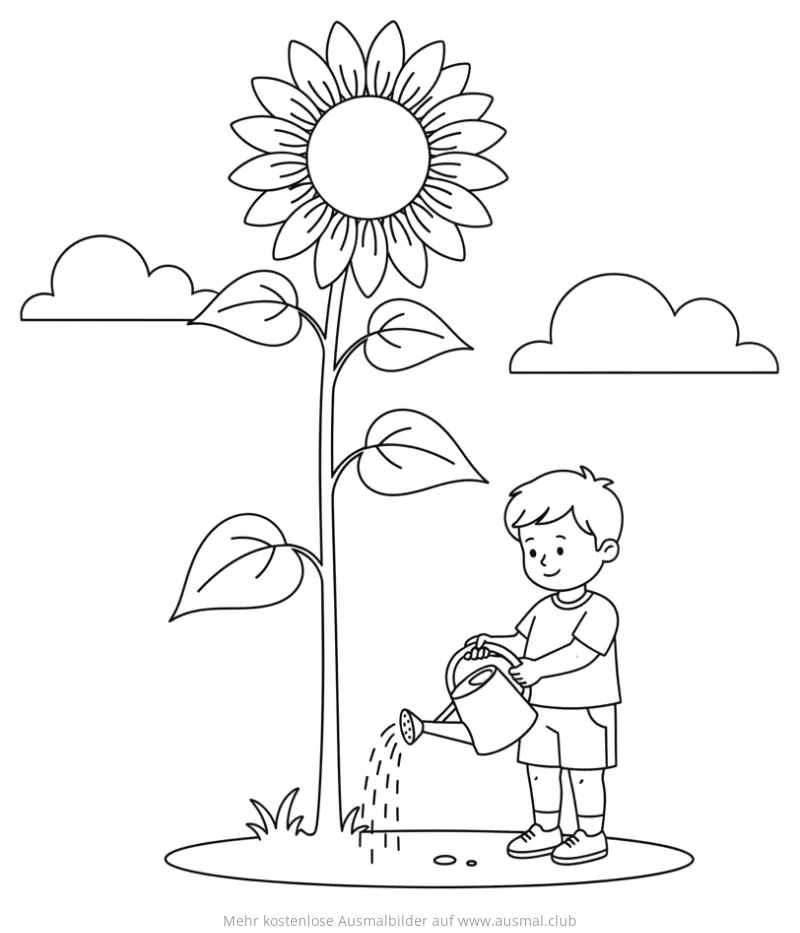 Junge gießt Sonnenblume Ausmalbild