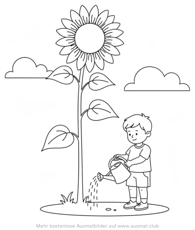 Junge gießt Sonnenblume Ausmalbild