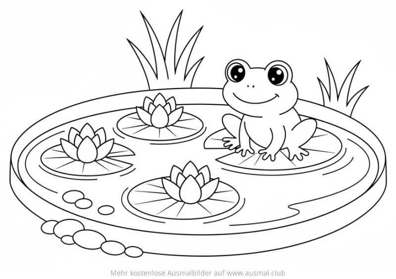 Frosch auf Seerosenblatt in Gartenteich Ausmalbild