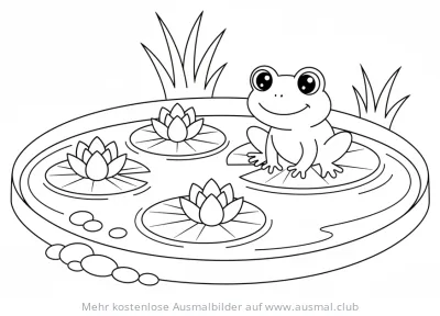 Frosch auf Seerosenblatt in Gartenteich Ausmalbild