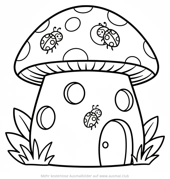 Marienkäferhaus Ausmalbild mit Marienkäfern und Pilzhaus