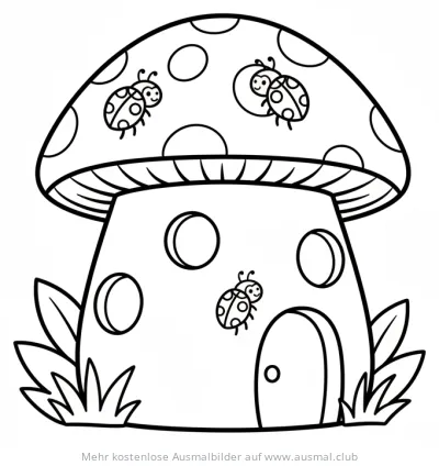 Marienkäferhaus Ausmalbild mit Marienkäfern und Pilzhaus
