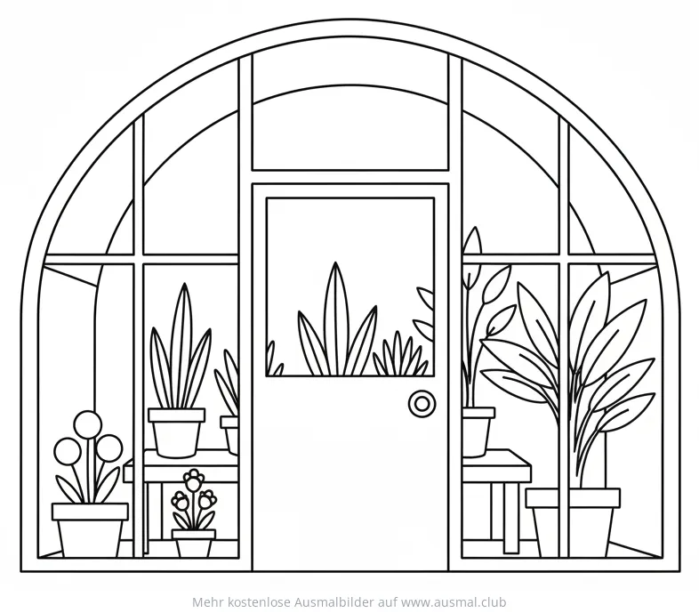 Großes Gewächshaus mit Topfpflanzen Ausmalbild