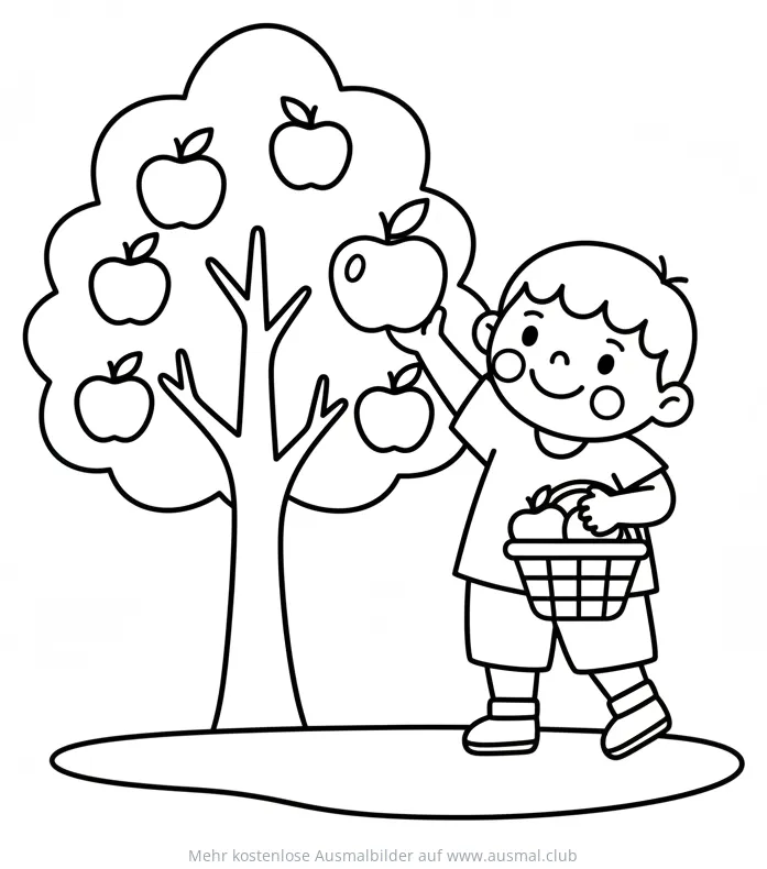 Junge erntet Äpfel vom Baum Ausmalbild