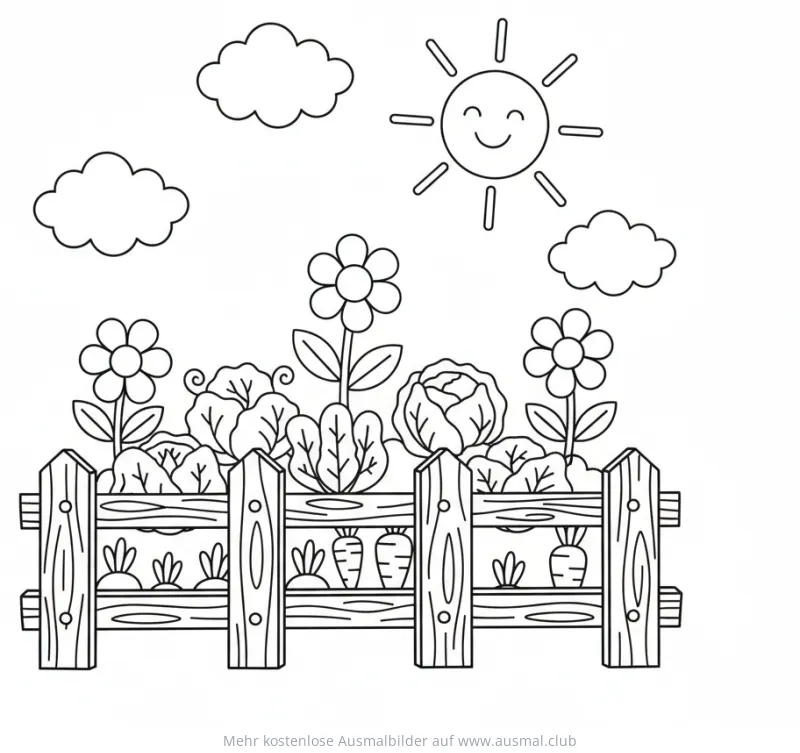 Kleiner Garten mit Blumen, Gemüse und Zaun Ausmalbild