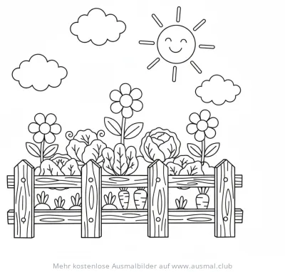 Kleiner Garten mit Blumen, Gemüse und Zaun Ausmalbild