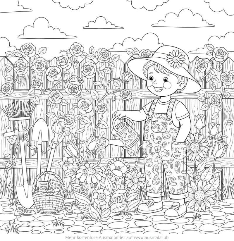 Junge gießt Blumen mit Gießkanne im Garten Ausmalbild