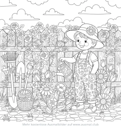 Junge gießt Blumen mit Gießkanne im Garten Ausmalbild