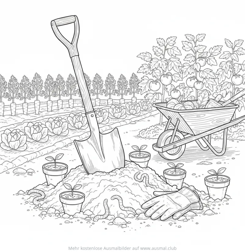 Spaten im Gemüsegarten Ausmalbild