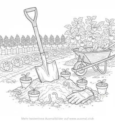 Spaten im Gemüsegarten Ausmalbild