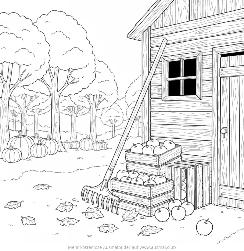 Rechen, Kürbisse und Apfelkisten vor Holzhütte Ausmalbild