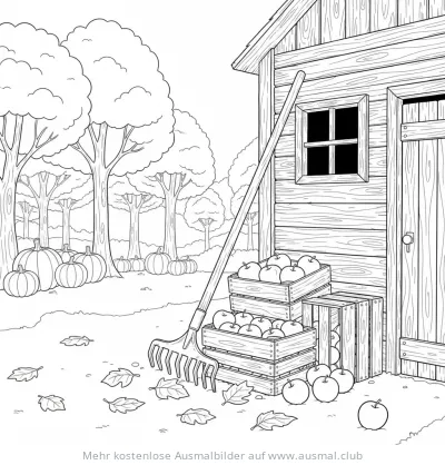 Rechen, Kürbisse und Apfelkisten vor Holzhütte Ausmalbild