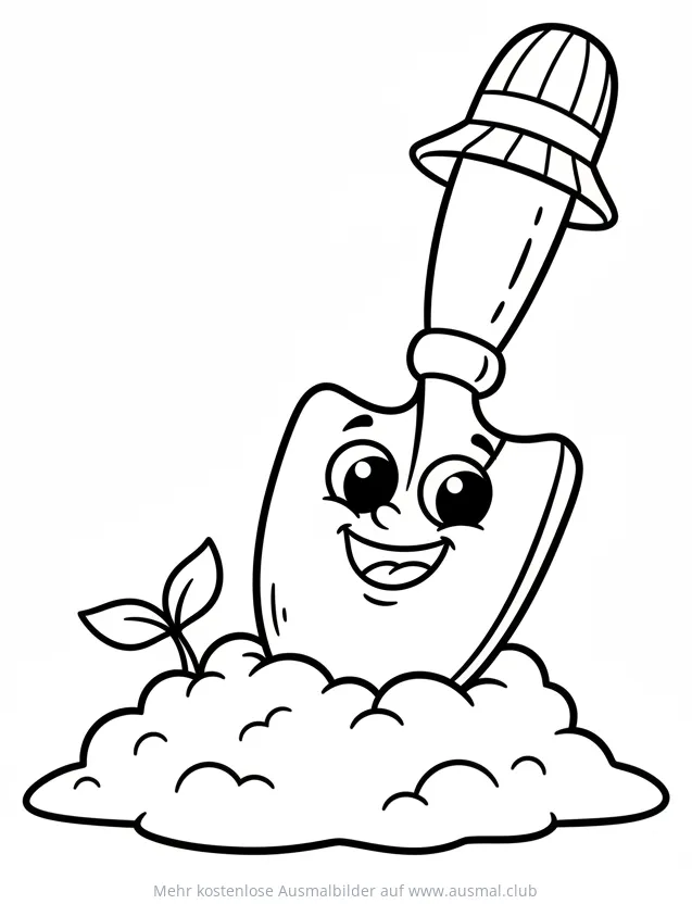 Gartenschaufel mit Gesicht und Pflanze im Erdhügel Ausmalbild