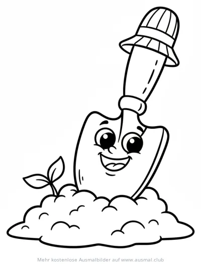 Gartenschaufel mit Gesicht und Pflanze im Erdhügel Ausmalbild