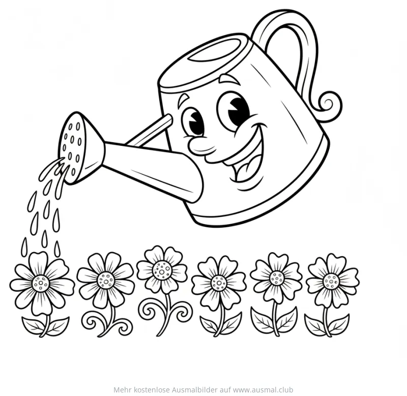 Cartoon Gießkanne bewässert Blumen Ausmalbild