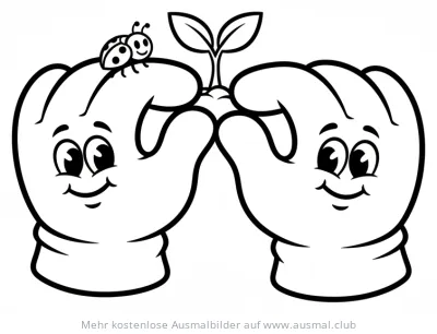 Gartenhandschuhe mit Pflanze und Marienkäfer Ausmalbild