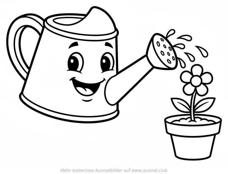 Freundliche Gießkanne gießt Blume im Topf Ausmalbild