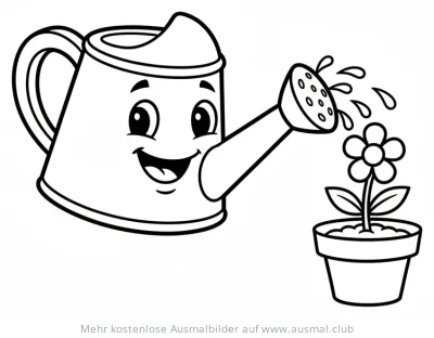 Freundliche Gießkanne gießt Blume im Topf Ausmalbild