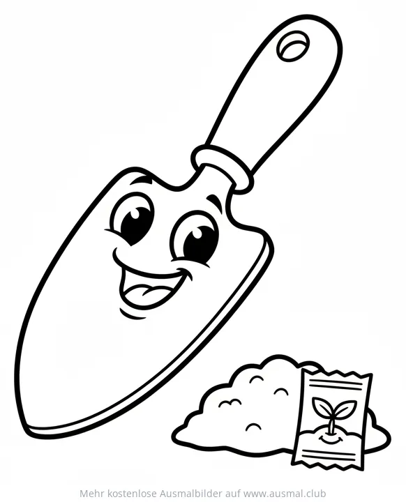 Freundliche Gartenschaufel mit Gesicht und Saatgut Ausmalbild